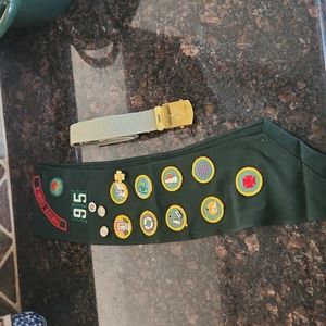 Vintage boyscout belt, buckle, scarf and patches